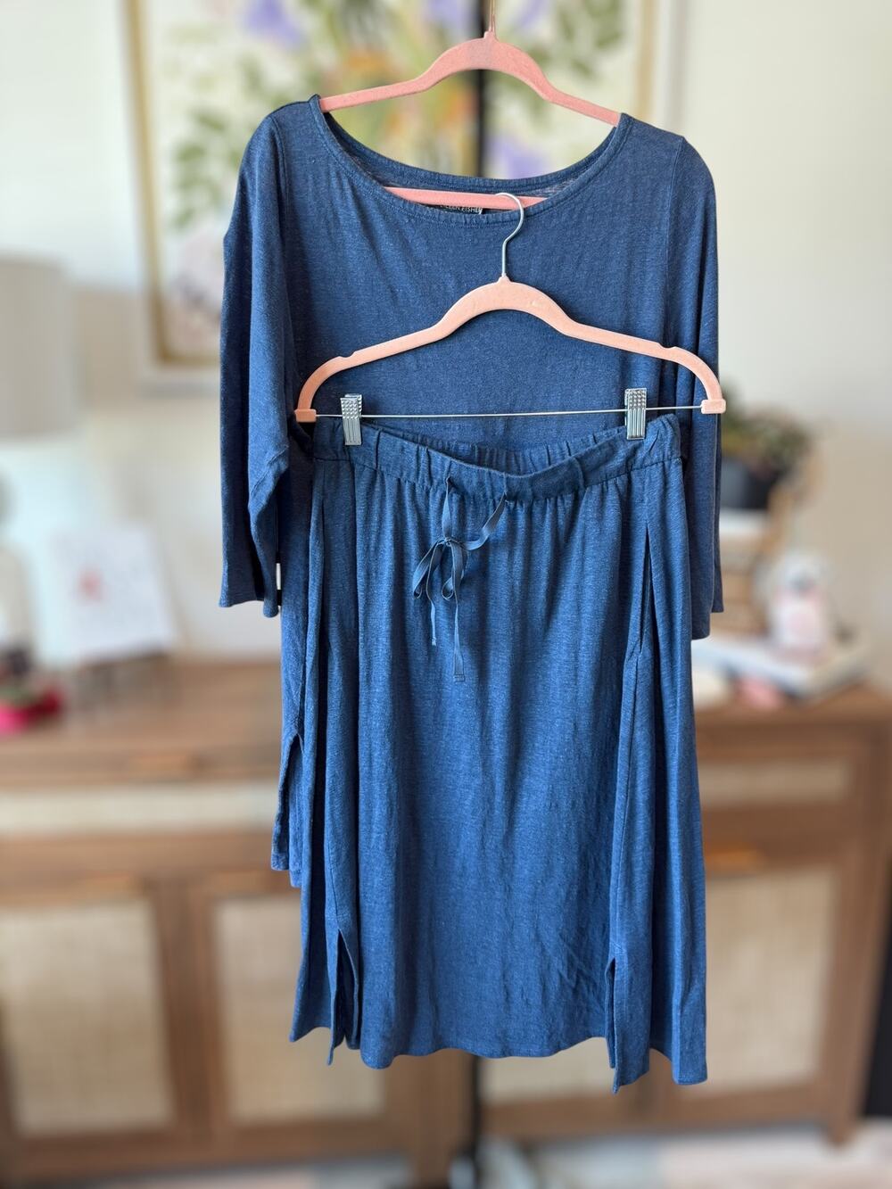 Eileen Fisher Organic Linen Tunic Top & Elastic Waist Skirt Set Womens Size L/PS